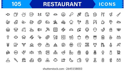 Professional Restaurant Icon Collection Com Comida, Jantar, Chef, Menu e Ferramentas de Cozinha em um formato vetor limpo e comercializável para uso em estoque
