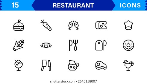 Colección de iconos de restaurantes de Profesional con comida, comedor, chef, menú y herramientas de cocina en un formato de Vector limpio y comercializable para uso en stock
