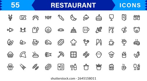 Professional Restaurant Icon Collection Featuring Food, Dining, Chef, Menu, and Kitchen Tools in a Clean, Marketable Vector Format for Stock Use
