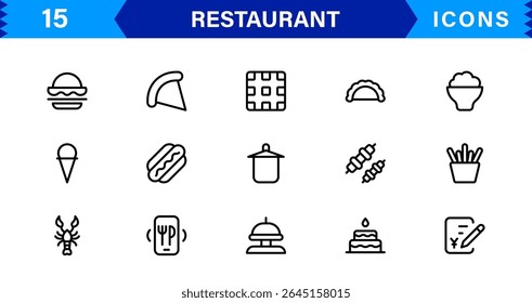 Professional Restaurant Icon Collection Featuring Food, Dining, Chef, Menu, and Kitchen Tools in a Clean, Marketable Vector Format for Stock Use
