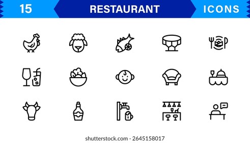 Professional Restaurant Icon Collection Featuring Food, Dining, Chef, Menu, and Kitchen Tools in a Clean, Marketable Vector Format for Stock Use
