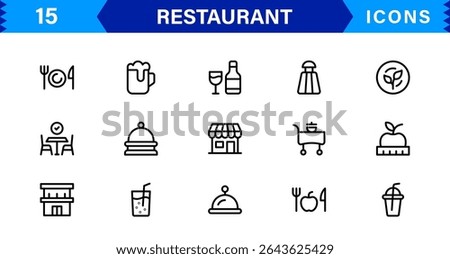 Professional Restaurant Icon Collection Featuring Food, Dining, Chef, Menu, and Kitchen Tools in a Clean, Marketable Vector Format for Stock Use
