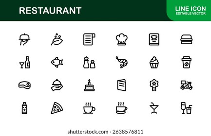 Professional Restaurant Icons with Minimal Line Art Featuring Food Items, Dining, Kitchen Tools, and Menu Symbols