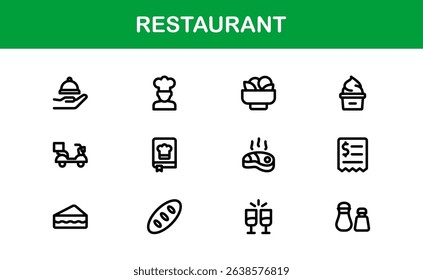 Professional Restaurant Icons with Minimal Line Art Featuring Food Items, Dining, Kitchen Tools, and Menu Symbols