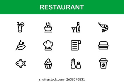 Professional Restaurant Icons with Minimal Line Art Featuring Food Items, Dining, Kitchen Tools, and Menu Symbols