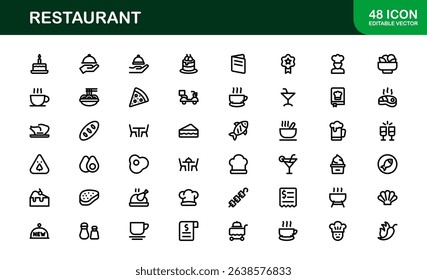 Professional Restaurant Icons with Minimal Line Art Featuring Food Items, Dining, Kitchen Tools, and Menu Symbols