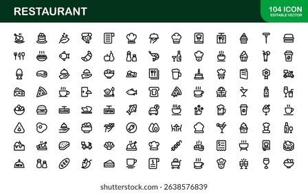 Professional Restaurant Icons with Minimal Line Art Featuring Food Items, Dining, Kitchen Tools, and Menu Symbols