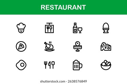 Professional Restaurant Icons with Minimal Line Art Featuring Food Items, Dining, Kitchen Tools, and Menu Symbols