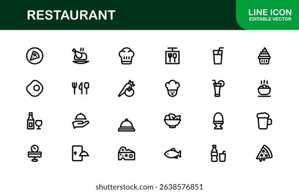Professional Restaurant Icons with Minimal Line Art Featuring Food Items, Dining, Kitchen Tools, and Menu Symbols