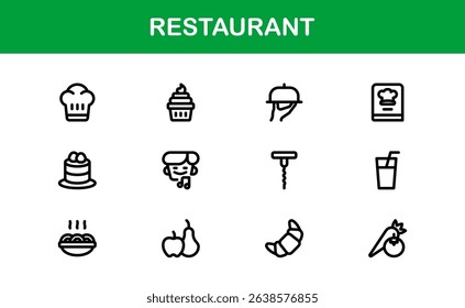 Professional Restaurant Icons with Minimal Line Art Featuring Food Items, Dining, Kitchen Tools, and Menu Symbols
