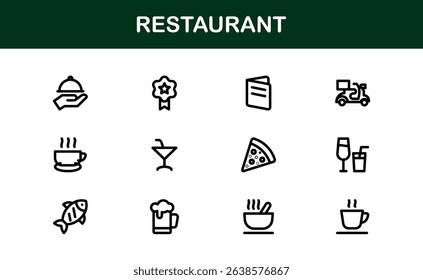 Professional Restaurant Icons with Minimal Line Art Featuring Food Items, Dining, Kitchen Tools, and Menu Symbols