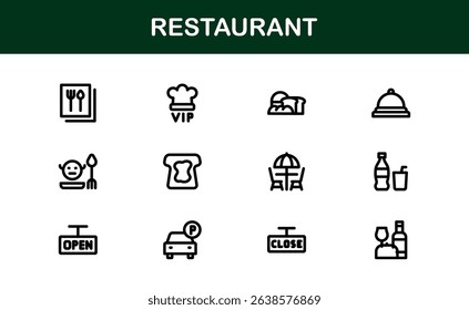 Professional Restaurant Icons with Minimal Line Art Featuring Food Items, Dining, Kitchen Tools, and Menu Symbols