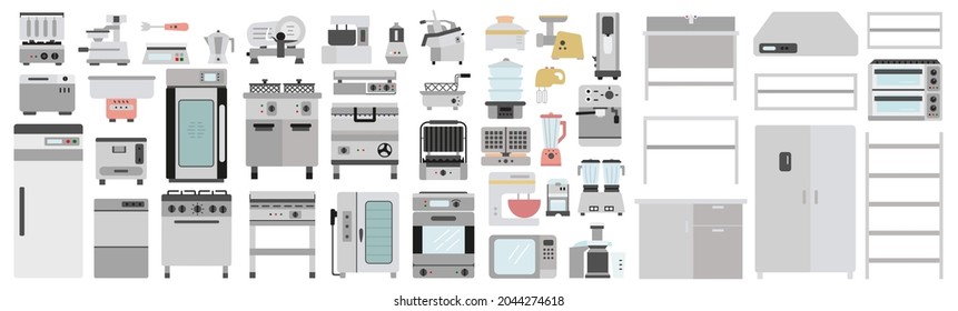 Professional restaurant kitchen furniture and equipment set. Collection of chef kitchen tools and technique. Professional kitchenware and food making appliances. Isolated flat vector illustration