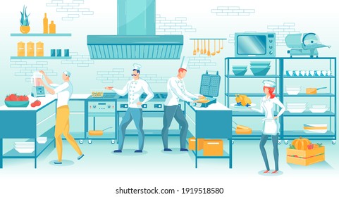 Professional Restaurant Kitchen Staff at Work. Cooker People Character Cutting Mixing Ingredients, Baking Waffles, Preparing Thanksgiving Turkey. Chef Cooking Festive Dish Dinner. Vector Illustration