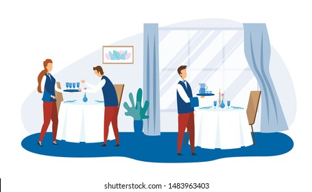 Personal profesional de restaurante Caricaturas en el trabajo. Waiter y Waitress con bandejas que sirven mesa con comida en plato y bebidas en vidrio. Preparación para el Banquete. Ilustración plana vectorial