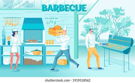 Professional Restaurant Staff Cooking Barbecue Grill on Backyard. Man and Woman Chef Character Grilling Meat Stakes and Sausages Outdoors. Food Preparation and Service. Vector Illustration