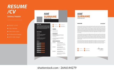 Professional resume cv template. Vector illustration ,Minimalist resume and cover letter layout design. 