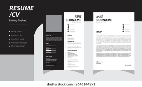 Professional resume cv template. Vector illustration ,Minimalist resume and cover letter layout design. 