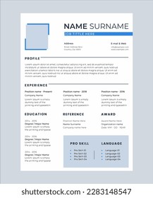 Professional resume template with blue background. Vector illustration. Eps 10
