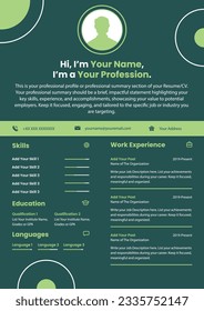 Professional Resume Template, Modern and Creative Design, Graphic Designer CV, Minimal, Sleek, Abstract and Green Background
