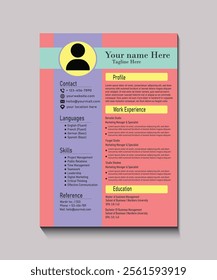 Professional resume template with modern design, vibrant colors, organized sections for contact, skills, experience, education, and references.