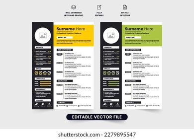 Vector de plantilla de reanudación profesional con marcadores de posición de foto. Diseño moderno de currículum y currículum con colores amarillo y verde. Aplicación de trabajo interno de Office y vector de plantilla de reanudación.