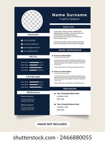 Professional resume template vector with photo placeholders. modern company cv and resume layout design with dark blue colors. Office intern job application cv and resume template.