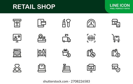 Paquete de iconos de venta al por menor de Profesional con arte de línea mínima con símbolos de compra, compra, Cliente y pago