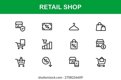 Professional Retail Icon Pack with Minimal Line Art Featuring Shop, Purchase, Customer, and Payment Symbols