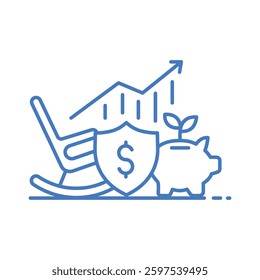 Professional Retirement Icon Rocking Chair Shield Dollar Piggy Bank Calendar Graph Style