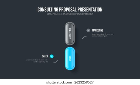 Professional Review Two Option Infographic Slide Design. Advertising Planning 2 Step Diagram Slideshow Layout. Consulting Solution Presentation Template Vector Illustration.