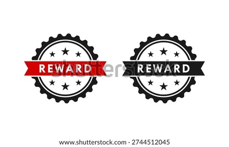 Professional reward stamp collection featuring blue, red, and black circular badges. Vector graphic elements with serrated edges and stars for awards and certifications.,
