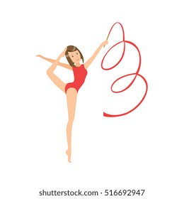 Professional Rhythmic Gymnastics Sportswoman In Red Leotard Performing An Element With Ribbon Apparatus