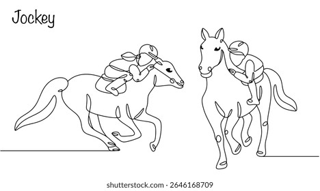A professional rider rides a horse fast while controlling the horse in a speed competition. Jockey profession drawn with a continuous line by hand. Vector illustration.