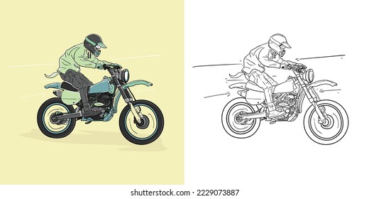 Professional Riders riding motocross on the yellow background vector line art modern illustrations