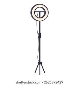 Professional ring light is standing on tripod, providing soft light during video recording