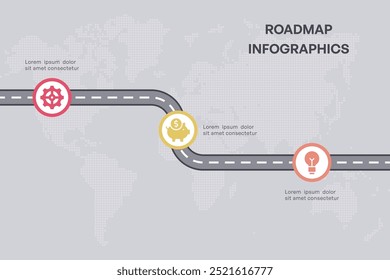 Professional Roadmap with Three Stages Represented by Icons on a Curved Path with World Map Background Vector Illustration