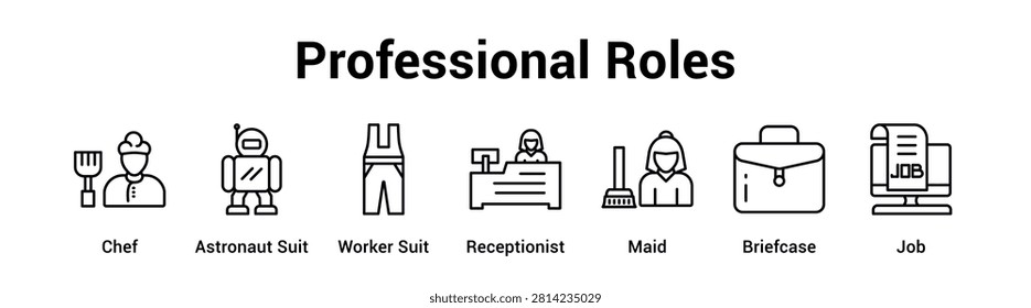 Professional Roles web banner icon vector illustration concept for business with icon of Chef, Astronaut Suit, Worker Suit, Receptionist, Maid.