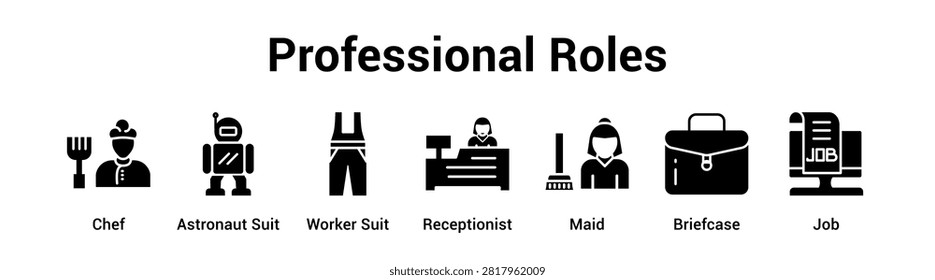 Professional Roles web banner icon vector illustration concept for business with icon of Chef, Astronaut Suit, Worker Suit, Receptionist, Maid.