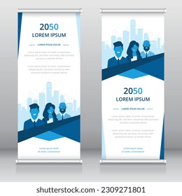 Professional roll up banner design template with office people artwork, vertical signboard template, Retractable banner, Trade show banner, Standee template, X-banner template