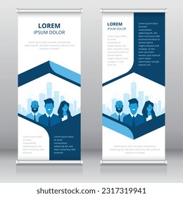 Professional roll up banner or retractable banner template with business people and cityscape artwork, Vertical signboard template, Trade show banner, Standee template, X-banner template, Flag banner
