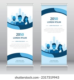 Professional roll up banner or retractable banner template with business people and cityscape artwork, Vertical signboard template, Trade show banner, Standee template, X-banner template, Flag banner