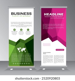 Diseño de Plantilla profesional de Anuncios enrollados con color púrpura y verde, Anuncio de Vertical para publicidad, evento, bienvenida, promoción, negocio, fiesta, forma geométrica con fondo colorido, Vector