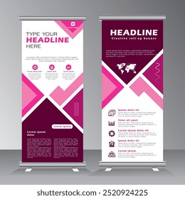 Diseño de Plantilla profesional de Anuncios enrollados con color púrpura, Anuncio de Vertical para publicidad, evento, bienvenida, promoción, negocio, fiesta, forma geométrica con fondo colorido, Vector EPS 10