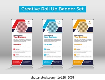 Professional roll up stand banner template design Set,  modern roll up banner bundle, roll up banner template