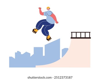 Professional roller skater athlete playing casually on challenging track, extreme sports vector illustration.