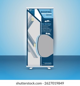 Professional roll-up banner design template for roofing installation services. Fully editable, high-resolution layout perfect for promoting construction, roofing, or home improvement businesses.
