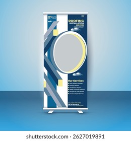 Professional roll-up banner design template for roofing installation services. Fully editable, high-resolution layout perfect for promoting construction, roofing, or home improvement businesses.