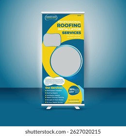 Professional roll-up banner design template for roofing installation services. Fully editable, high-resolution layout perfect for promoting construction, roofing, or home improvement businesses.