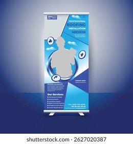 Professional roll-up banner design template for roofing installation services. Fully editable, high-resolution layout perfect for promoting construction, roofing, or home improvement businesses.